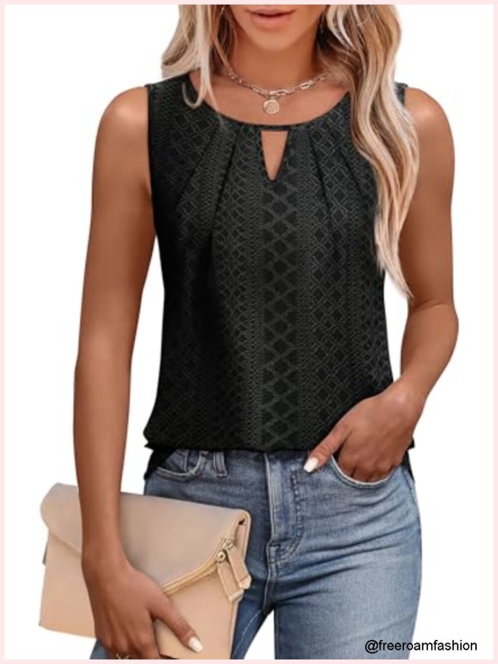Loose Fit Tank Top Keyhole Neck Sleeveless Tunic Summer Top Pleated Stretchable